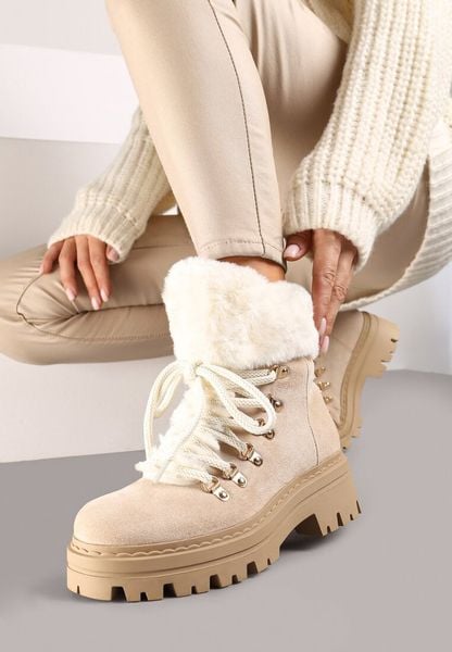 Beżowe Traperki z Futerkiem na Grubej Podeszwie Tairene. Brązowe trapery damskie Renee, z jeansu, bez obcasa. Za 129.99 zł.