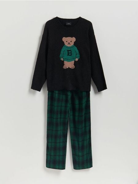 Dwuczęściowa piżama z misiem - czarny. Czarne piżamy męskie Reserved, l, bez wzorów, z dzianiny, bez ramiączek. Za 179.99 zł.