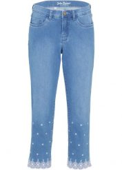 Dżinsy Straight ze stretchem, mid waist, dł. za kolano. Niebieskie jeansy damskie bonprix. Za 159.99 zł.
