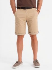 Klasyczne męskie szorty chino z podwiniętą nogawką - beżowe V11 OM-SRCS-0197 - XL. Brązowe szorty męskie Ombre Clothing, z bawełny, bez kołnierzyka. Za 119.99 zł.