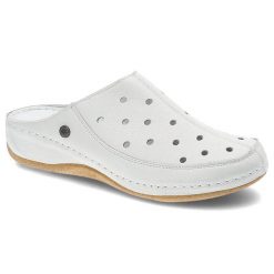 Klapki damskie Pollonus, perforowana skórzana cholewka zapewniająca przewiewność wsuwany fason ułatwiający zakładanie, biały floter, 5-1408-007. Białe klapki damskie Pollonus, bez wzorów, ze skóry, bez obcasa. Za 179.00 zł.