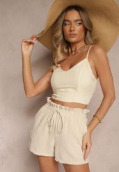 Beżowe Szorty High Waist ze Sznurkiem Olnelia. Brązowe szorty damskie Renee, bez wzorów, sportowe, z podwyższonym stanem. Za 34.99 zł.