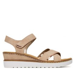 Sandały Rieker. Czerwone sandały damskie Rieker, bez wzorów, bez obcasa, na koturnie. Za 239.99 zł.