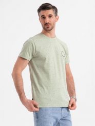T-shirt męski bawełniany z nadrukiem i okrągłym dekoltem – miętowy V3 OM-TSFP-0186 - XXL. Zielone t-shirty męskie Ombre Clothing, na lato, l, bez wzorów, z bawełny, bez kołnierzyka. W wyprzedaży za 39.99 zł.