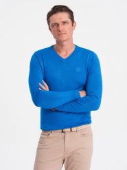 Elegancki sweter męski BASIC V-neck z wiskozą – niebieski V19 OM SWBS-0107 - XXL. Niebieskie swetry męskie Ombre Clothing, l, bez wzorów, z wiskozy, bez kołnierzyka. W wyprzedaży za 89.99 zł.