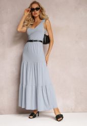 Niebieska Rozkloszowana Sukienka Maxi z Bawełnianej Tkaniny Galaise. Niebieskie sukienki damskie Renee, na co dzień, na lato, l, bez wzorów, z bawełny, eleganckie, bez kołnierzyka, bez ramiączek, maxi, rozkloszowane. W wyprzedaży za 83.99 zł.