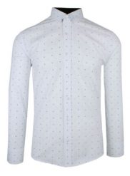 Męska, Taliowana (Slim Fit) Koszula Wizytowa - Rigon - Biała w Niebieski Groszek. Białe koszule męskie Rigon, m, bez wzorów, z bawełny, bez kołnierzyka, bez ramiączek. Za 129.00 zł.