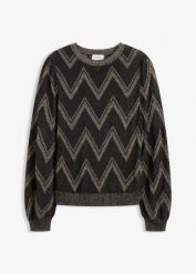 Sweter z cienkiej dzianiny z efektem połysku. Czarne swetry klasyczne damskie bonprix, z dzianiny, bez kołnierzyka. Za 129.99 zł.