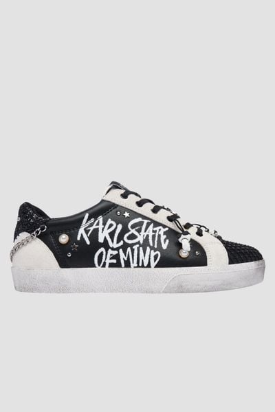 KARL LAGERFELD Czarno-białe damskie trampki SKOOL KARL STATE OF MIND, Rozmiar 39. Czarne trampki i tenisówki damskie Karl Lagerfeld, bez wzorów, przed kostkę. W wyprzedaży za 499.99 zł.
