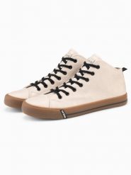 Kontrastowe męskie trampki z podwyższoną cholewką – beżowe V6 - Rozmiar: 42. Brązowe trampki i tenisówki męskie Ombre Clothing, bez wzorów, z materiału, bez zapięcia. W wyprzedaży za 89.99 zł.