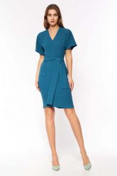 Elegancka Sukienka Wiązana w Pasie - Lazurowa. Niebieskie sukienki damskie Nife, xl, bez wzorów, z elastanu, eleganckie, bez kołnierzyka, bez ramiączek. Za 237.90 zł.