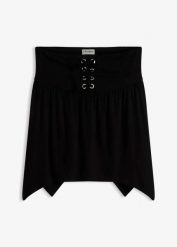 Top z falbanką. Czarne topy damskie bonprix, bez wzorów, bez kołnierzyka. Za 59.99 zł.