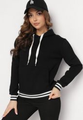 Czarna Bawełniana Bluza z Kapturem i Ściągaczami w Paski Nempis. Czarne bluzy z kapturem damskie Born2be, na zimę, z bawełny. Za 99.99 zł.