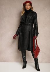 Czarny Ekoskórzany Płaszcz Dwurzędowy w Stylu Trencza z Paskiem Zerilina. Czarne płaszcze damskie Renee, l, bez wzorów, z jeansu, eleganckie. Za 239.99 zł.