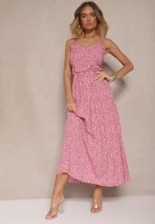 Różowa Rozkloszowana Sukienka z Bawełny na Ramiączkach Jenarissea. Czerwone sukienki damskie Renee, na wesele, l, bez wzorów, z bawełny, eleganckie, bez kołnierzyka, bez ramiączek, maxi, kopertowe. W wyprzedaży za 38.49 zł.