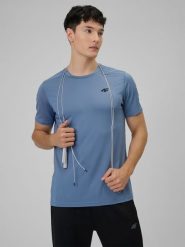4F Koszulka treningowa regular szybkoschnąca męska - granatowa S. Niebieskie t-shirty sportowe męskie 4f, m, ze skóry, bez ramiączek, na fitness i siłownię. Za 79.99 zł.