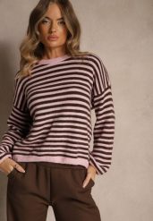 Różowy Oversizowy Sweter w Paski z Domieszką Wełny i Wiskozy Tidania. Czerwone swetry klasyczne damskie Renee, z dzianiny, bez kołnierzyka. Za 139.99 zł.