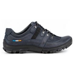 Olivier Skórzane buty trekkingowe męskie 213GT granatowe niebieskie. Niebieskie buty trekkingowe męskie ze skóry, bez zapięcia, trekkingowe. Za 319.69 zł.
