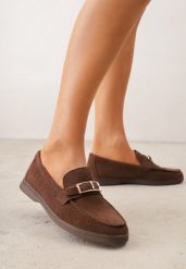 Brązowe Mokasyny Ozdobione Metaliczną Klamrą Murielori. Brązowe mokasyny damskie Renee, z materiału. Za 119.99 zł.