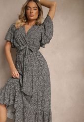 Czarna Sukienka z Bawełny z Kopertowym Dekoltem i Paskiem Hulinea. Czarne sukienki damskie Renee, na co dzień, na lato, l, bez wzorów, z bawełny, bez kołnierzyka, bez ramiączek, midi, kopertowe. Za 59.99 zł.