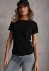 Czarny T-shirt z Bawełny z Okrągłym Dekoltem Nedima. Czarne t-shirty damskie Renee, m, bez wzorów, z bawełny, bez kołnierzyka. Za 39.99 zł.