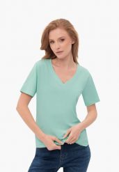 Koszulka z dekoltem w serek T-LEA. Zielone t-shirty damskie Volcano, m, bez wzorów, z bawełny, bez ramiączek. Za 54.99 zł.