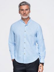 Koszula męska w paski ze stójką z lnem - biało-niebieska V2 - Rozmiar: XL. Niebieskie koszule męskie Ombre Clothing, na lato, m, bez wzorów, z bawełny, bez kołnierzyka, bez ramiączek. Za 169.99 zł.