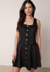 Czarny Elegancki Komplet Kamizelka i Rozkloszowana Spódnica z Guzikami Merireida. Czarne kamizelki damskie Born2be, l. Za 159.99 zł.