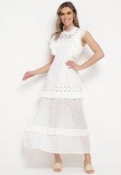 Biała Sukienka Maxi Rozkloszowana z Ażurowym Wzorem Saitha. Białe sukienki damskie Born2be, m, w ażurowe wzory, z tkaniny, eleganckie, bez kołnierzyka, bez ramiączek, maxi, rozkloszowane. W wyprzedaży za 183.99 zł.