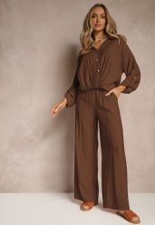 Brązowy Komplet z Wiskozy w Stylu Oversize Szerokie Spodnie i Luźna Koszula na Guziki Natinne. Brązowe koszule damskie Renee, bez wzorów, z wiskozy, biznesowe. Za 129.99 zł.