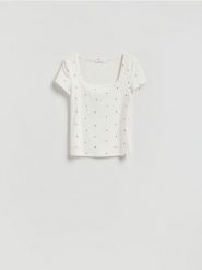 T-shirt z dekoltem karo - wielobarwny. T-shirty damskie Reserved, l, bez wzorów, z bawełny, bez kołnierzyka. Za 39.99 zł.