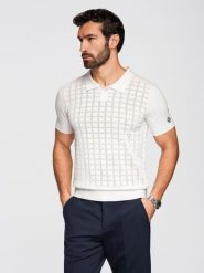 Ażurowa wiskozowa męska koszulka polo - biała V1 - Rozmiar: M. Białe koszulki polo męskie Ombre Clothing, na lato, m, w ażurowe wzory, z dzianiny, bez ramiączek. Za 209.99 zł.