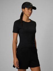 4F T-shirt slim z nadrukiem damski - czarny S. Czarne t-shirty damskie 4f, l, bez wzorów, z materiału, bez kołnierzyka. Za 59.99 zł.