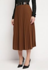 Ciemnobrązowa Spódnica Plisowana z Paskiem Onie. Brązowe spódniczki damskie Born2be, bez wzorów, eleganckie, midi, koszulowe. Za 84.99 zł.