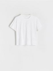 T-shirt boxy - biały. Białe t-shirty damskie Reserved, l, bez wzorów, z bawełny, bez kołnierzyka. W wyprzedaży za 29.99 zł.