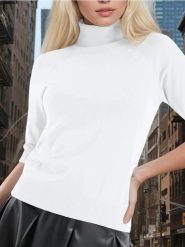 Sweter z krótkim rękawem - kremowy. Białe golfy damskie Sinsay, l, bez wzorów, z materiału, bez ramiączek. W wyprzedaży za 17.99 zł.