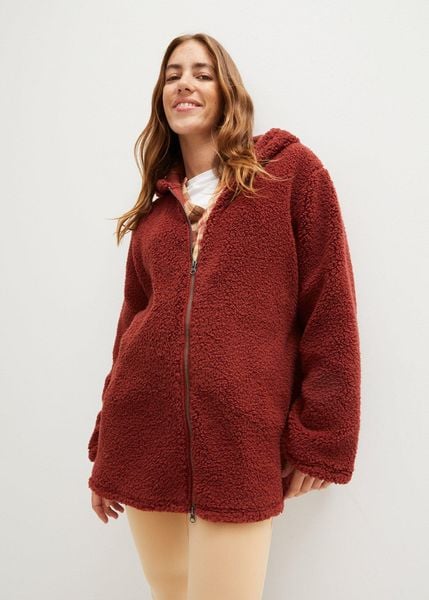 Bluza rozpinana z polaru baranka, rozszerzana ku dołowi, z rozcięciami po bokach. Brązowe bluzy bez kaptura damskie bonprix, z polaru. Za 149.99 zł.