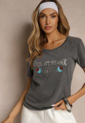 Ciemnoszary T-shirt z Bawełny Ozdobiony Nadrukiem Savetelle. Szare t-shirty damskie Renee, l, bez wzorów, z bawełny, bez kołnierzyka. Za 39.99 zł.