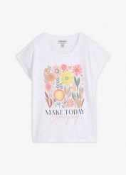 T-shirt z czystej bawełny. Białe t-shirty damskie bonprix, bez wzorów, z bawełny, bez kołnierzyka. Za 64.99 zł.