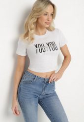 Jasnoszary Bawełniany T-shirt z Napisem i Łańcuchem Olimelia. Szare t-shirty damskie Born2be, m, bez wzorów, z bawełny, bez kołnierzyka. Za 34.99 zł.