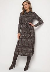 Brązowo-Beżowa Sukienka Koszulowa Ozdobiona Ornamentalnym Wzorem Mesilie. Brązowe sukienki damskie Born2be, na co dzień, l, bez wzorów, z wiskozy, bez kołnierzyka, bez ramiączek, midi, koszulowe. Za 169.99 zł.