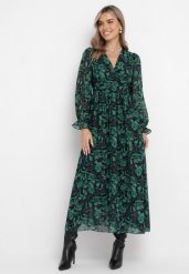 Zielono-Czarna Maxi Sukienka z Kopertowym Dekoltem w Modny Print Ceconna. Zielone sukienki damskie Born2be, l, bez wzorów, bez kołnierzyka, bez ramiączek, maxi, kopertowe. W wyprzedaży za 151.99 zł.