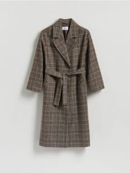 Wiązany płaszcz w kratę - wielobarwny. Płaszcze damskie Reserved, l, bez wzorów, z tkaniny. Za 359.99 zł.