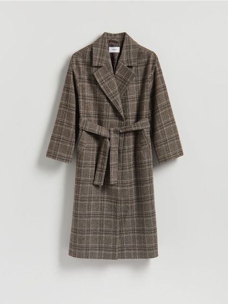 Wiązany płaszcz w kratę - wielobarwny. Płaszcze damskie Reserved, l, bez wzorów, z tkaniny. Za 359.99 zł.