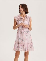 Sukienka mini z falbanami - wielobarwny. Sukienki damskie Reserved, l, bez wzorów, z tkaniny, klasyczne, bez kołnierzyka, bez ramiączek, mini. W wyprzedaży za 49.99 zł.