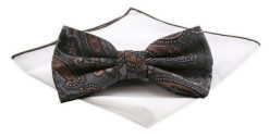 Mucha CHATTIER z Białą Poszetką - Stalowo Brązowa, Duży Wzór. Szare krawaty i muchy męskie Chattier, bez wzorów, z poliesteru, eleganckie. Za 59.00 zł.