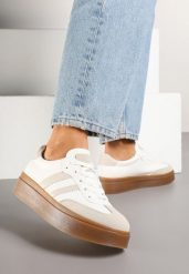 Biało-Beżowe Klasyczne Sneakersy Tenisówki na Niskiej Platformie Denirla. Białe trampki i tenisówki damskie Renee, bez wzorów, z jeansu. Za 99.99 zł.