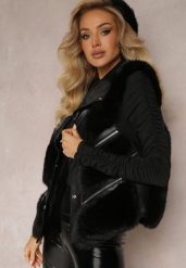 Czarna Kamizelka z Futerka Ozdobiona Wstawkami z Imitacji Skóry Cresstte. Czarne kamizelki damskie Renee, l, ze skóry. Za 129.99 zł.