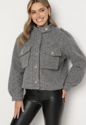 Szara Kurtka w Stylu Utility z Szerokimi Kieszeniami Nirithra. Szare kurtki damskie Born2be, l, bez wzorów, z jeansu, bez kaptura. Za 199.99 zł.