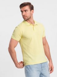 Jednokolorowa koszulka polo męska BASIC z dzianiny pique - żółta V15 OM-POBS-0100 - L. Żółte koszulki polo męskie Ombre Clothing, l, z aplikacjami, z bawełny, bez ramiączek. Za 77.99 zł.